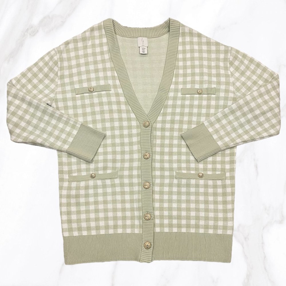 Joie Women’s Pale Green V Neck‎ Gingham Print Gold Buttoned Cardigan, Size M